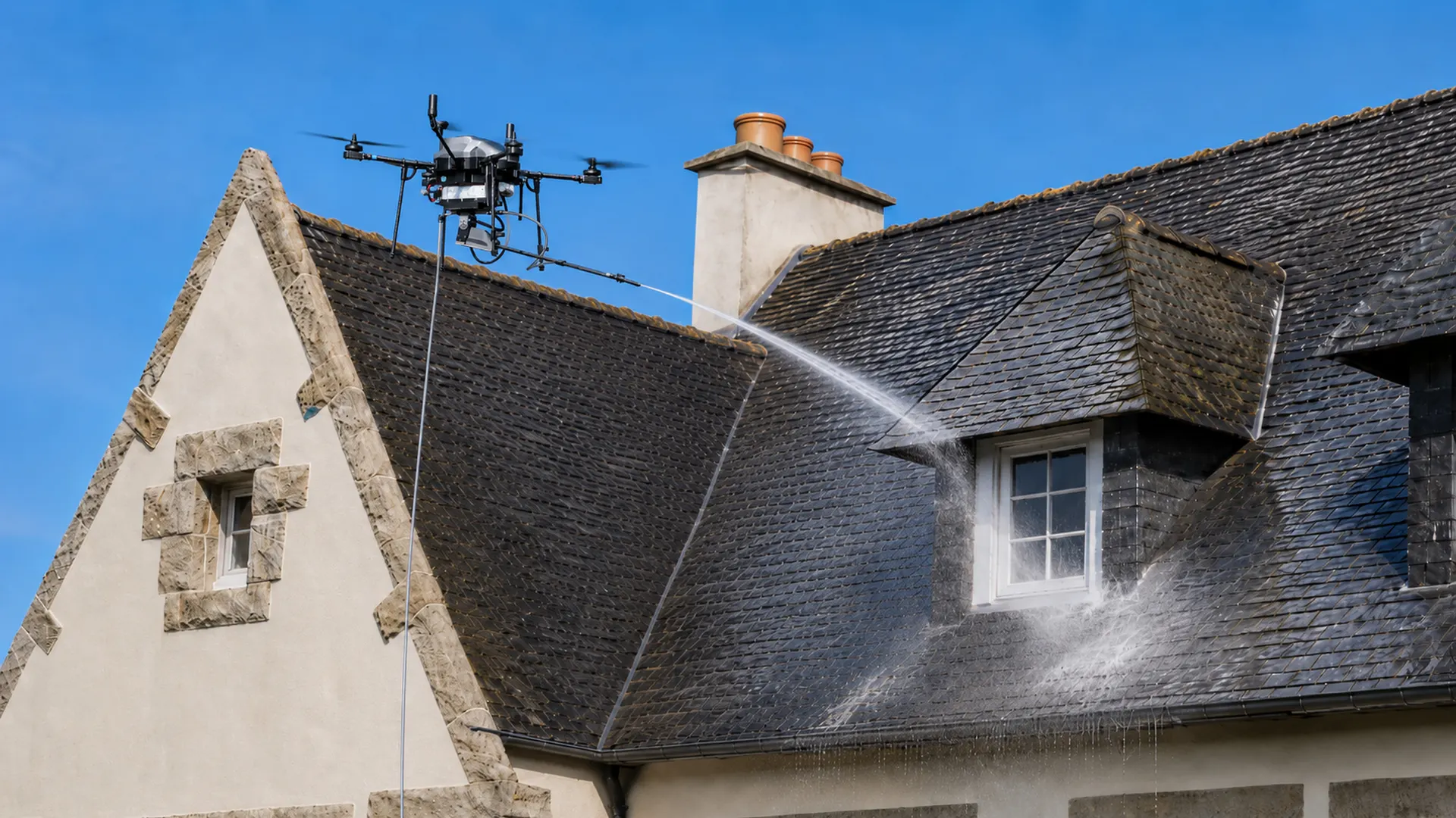 Drone Atypiclean nettoyant la toiture d'une maison en Bretagne