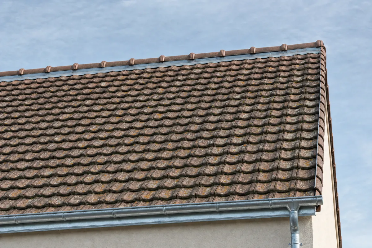 Toiture en tuiles couverte de mousses avant nettoyage