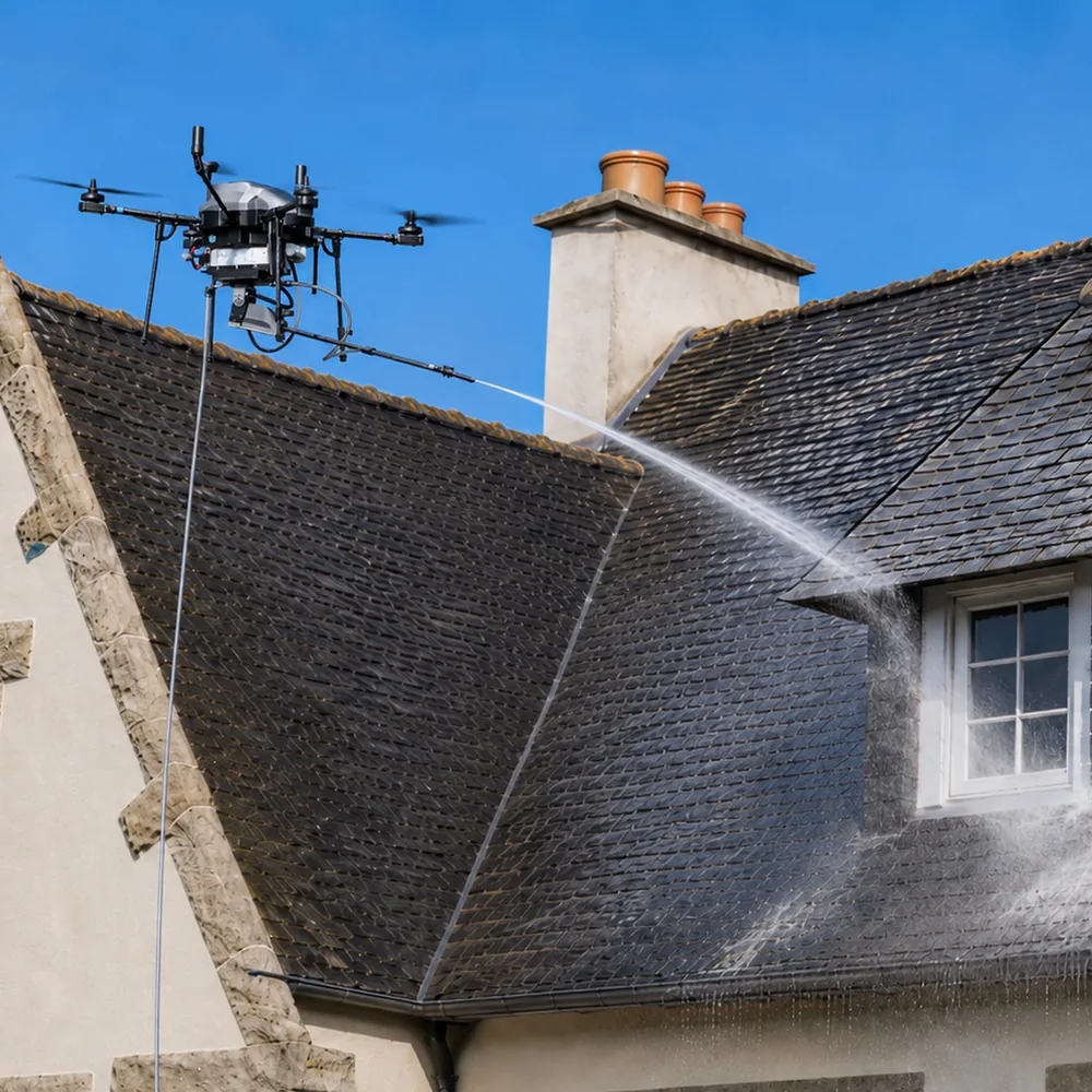 Nettoyage par drone d'une toiture en ardoises sur une maison bretonne