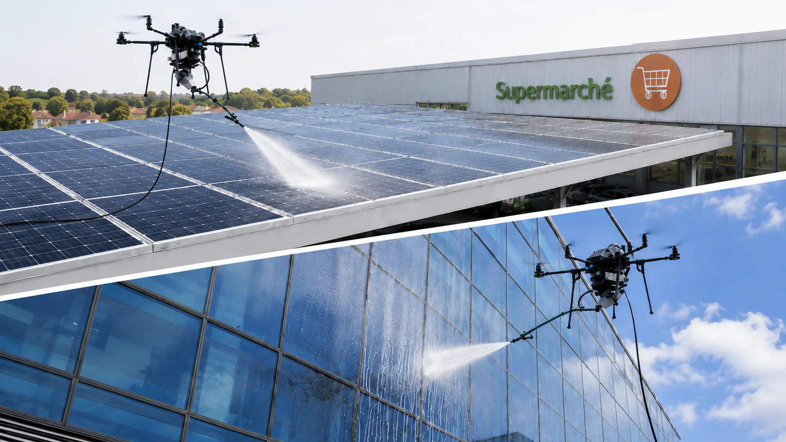 Nettoyage de panneaux solaires et vitrage par drone